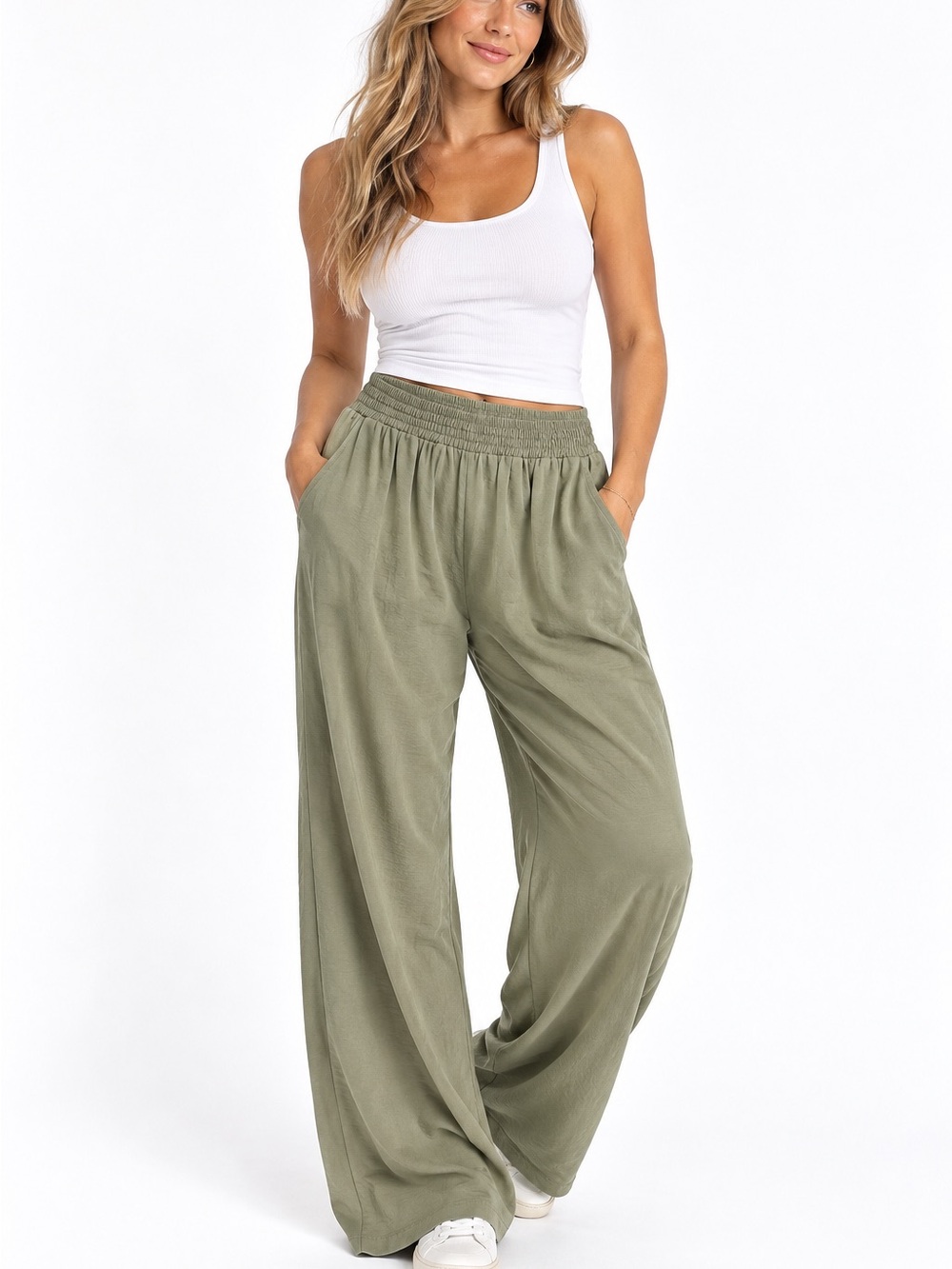 SHEIN Olive Wide Leg Smocked Waist Pants
